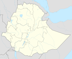 Mapa konturowa Etiopii, blisko centrum na lewo znajduje się punkt z opisem „Addis Abeba”