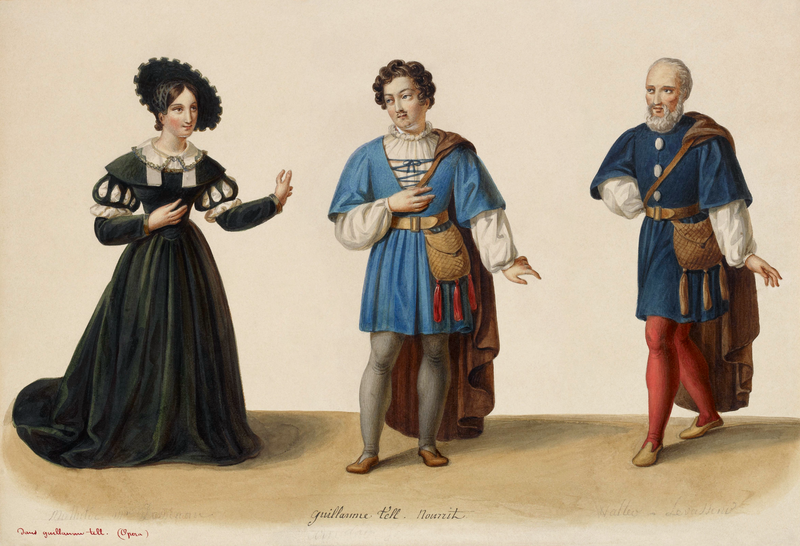 File:Eugène Du Faget - Costume designs for Guillaume Tell - 1-3. Laure Cinti-Damoreau as Mathilde, Adolphe Nourrit as Arnold Melchtal, and Nicolas Levasseur as Walter Furst.png