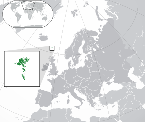 Location of the Faroe Islands (green)in Europe (green and dark grey)