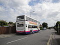 The rear of First Hampshire & Dorset 34130 (P830 FEF), a Volvo Olympian/Northern Counties Palatine, in Church Road, Locks Heath, Hampshire, on private hire work.