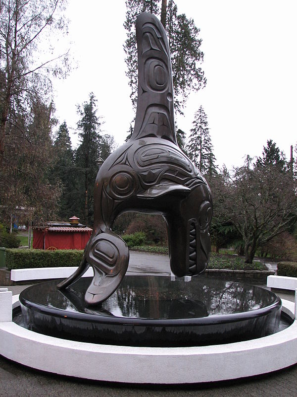 Orca statue, Chief of the Undersea World, in front of the aquarium, designed by Bill Reid