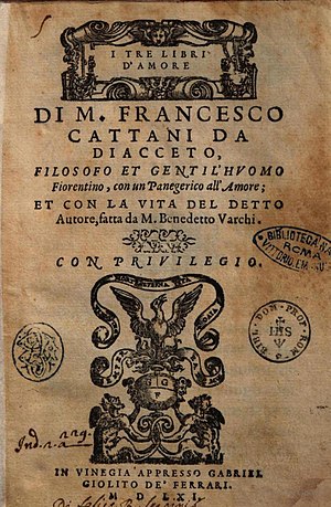 Francesco Cattani da Diacceto, title-page of the Tre libri d'amore e un panegirico all’amore, Venice 1561.jpg