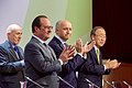 French President Hollande, Foreign Minister Fabius, and UN Secretary-General Ki-moon Applaud Delegates to the COP21 Climate Change Conference (23696822225).jpg