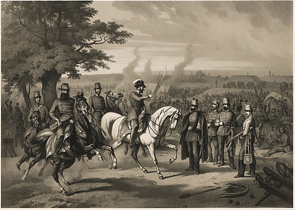 Szeremley Miklósː Hungarian camp at Komárom after 20 April 1849. In the middle on a white horse is György Klapka, at left on a black horse is János Da