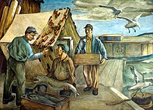 Fishermen drying a net and hauling lake trout; part of a 1940 mural in the Sturgeon Bay Post Office.