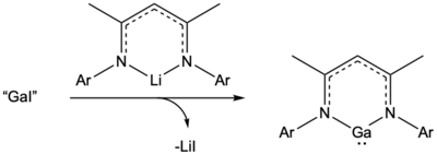 Reaction of gallium monoiodide (slurry) and Li[nacnac] in a dry ice/acetone bath to access a gallium(I) heterocycle. Excess potassium metal can be added to circumvent a Ga(II) derivative of the six-member gallium(I) heterocycle. Ar = Dipp. Ga 6-member NHC new.png