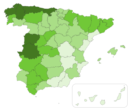 Mapa španělských provincií s odstínem světle zelené pro regiony s malým počtem dobytka, tmavší od východu na severovýchod.  Největší hustota je v Extremaduře, Galicii a Kantábrii.