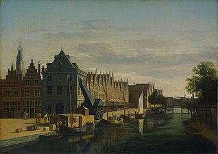 De Waag en de kraan aan het Spaarne te Haarlem door Gerrit Berckheyde