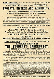 1911 advertisement for three of Gibson and Weldon's law books Gibson & Weldon advertisement, 1911.jpg