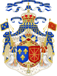 Escudo de Armas del Rey de Francia con yelmo de corona roja (más acorde con la tradición).