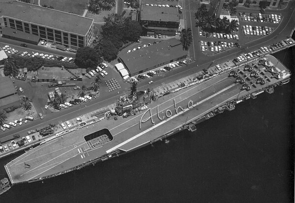 Aerial photograph of Melbourne, showing the angled flight deck.