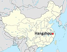 Staðsetning Hangzhou borgar í Zhejiang héraði í Kína.