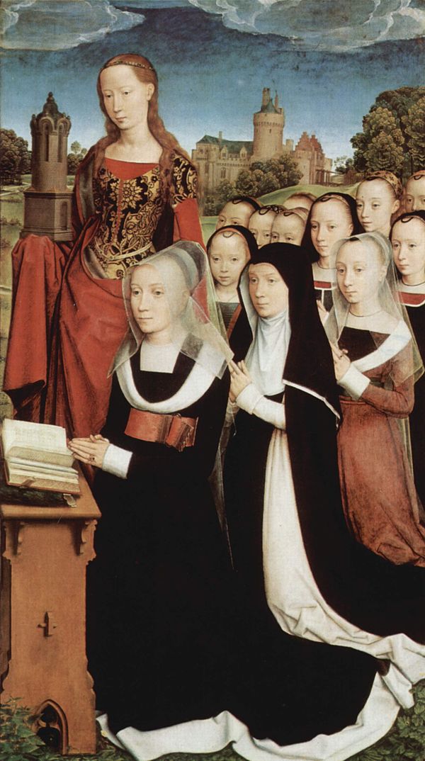 Female side of Memling's Triptych of Wilhelm Moreel, the mother, Barbara Van Hertsvelde is supported by her patron saint, with her eleven daughters be