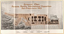 Plan of the Panama-Pacific International Exposition grounds at Harbor View; Fillmore connects just to the right of the phrase "main exhibit palaces". High Points on Four Great High Ways to the California Expositions (1915) (14597207438).jpg