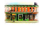 painting similar to Hoppers Sunday Morning showing a line of two story old business storefronts, mostly painted green and orange, barber's pole, hydrant