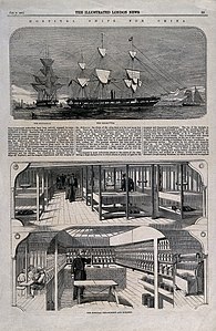 HMS Melbourne, the first modern hospital ship, served during the Second Opium War. Excerpt from The Illustrated London News about the ship (click to read). Hospital ships, China; sketches showing the interior includi Wellcome V0015324.jpg
