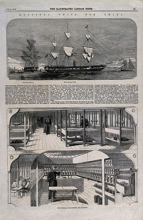 HMS Melbourne, the first modern hospital ship, served during the Second Opium War. Excerpt from The Illustrated London News about the ship (click to r