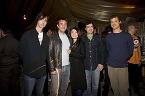 Hotz (second from right) with Spencer Rice and Kenny vs. Spenny executive producers Trey Parker and Matt Stone backstage at the Game Show Network Hotz , Rice, Parker, and Stone.jpg