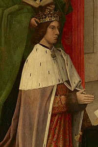 Hugo van der Goes - The Trinity Altarpiece - James III of Scotland accompanied by his son James, presented by St Andrew (cropped).jpg