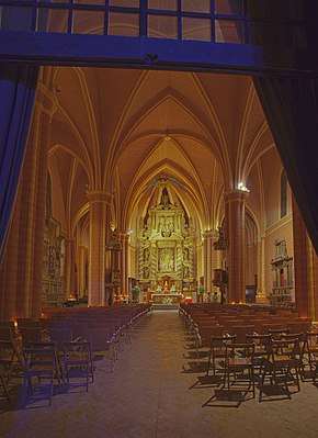 View of the Church of San Pedro Los Francos from its entrance during a spectacle of light and colors, Calatayud, Spain