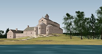 Restitution du prieuré Saint Vincent de la Motte au XIIe siècle (lac d'Ilay). Vue de l'est. Essai basé sur le relevé planimétrique des fouilles en 1993.