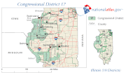 Another example of Illinois gerrymandering is the 17th congressional district in the western portion of the state. Notice how the major urban centers are anchored and how Decatur is nearly isolated from the primary district.