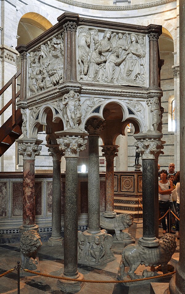 Nicola Pisano's Pisa pulpit with the first two reliefs and the Hercules beneath