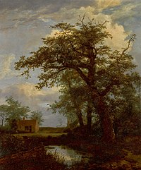 Jacob van Ruisdael - A wooded landscape with an oak tree, pond and houses beyond.jpg