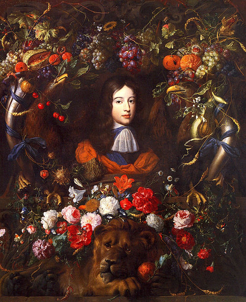 The young prince portrayed by Jan Davidsz de Heem and Jan Vermeer van Utrecht within a flower garland filled with symbols of the House of Orange-Nassa