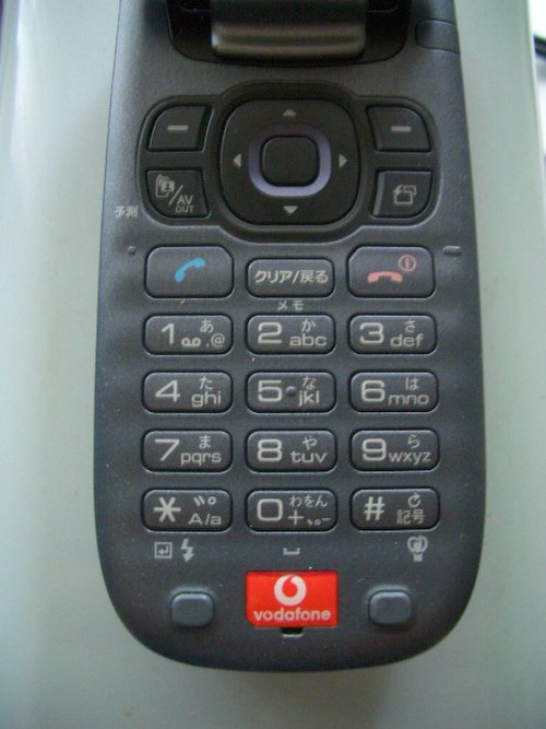 A mobile phone keypad with Latin and Japanese characters.