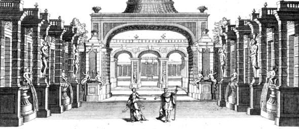 Production design of the prologue.  Edition of the score from 1709