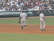 Derek Jeter and Alex Rodriguez play the field against the Cleveland Indians on July 29, 2010. Rodriguez would hit his 600th career homer a few days later. Jeter Arod.jpg