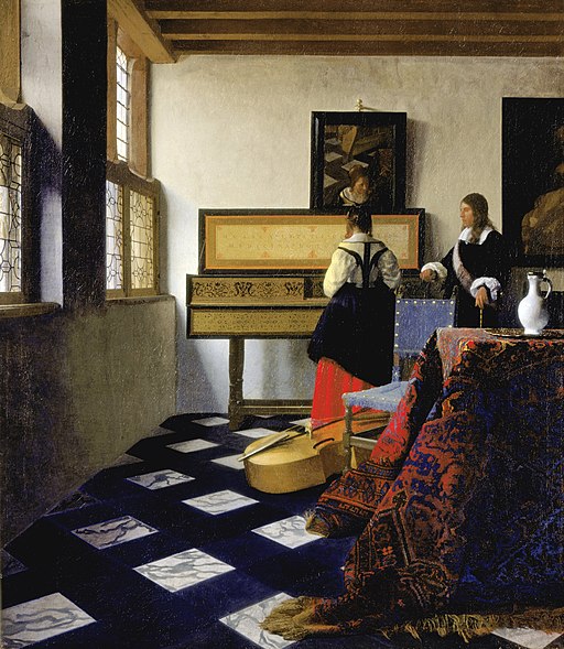 <br> Vermeer<br> La Leçon de musique (vers 1662-1665)<br>Huile sur toile, 74 x 64,1 cm <br>Intérieur avec cadres noirs <br>(Wikimedia)