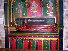 The 15th-century church monument to the poet John Gower. Unusually, the polychrome paintings on it have been kept renewed. John.gower.southwark.london.arp.jpg