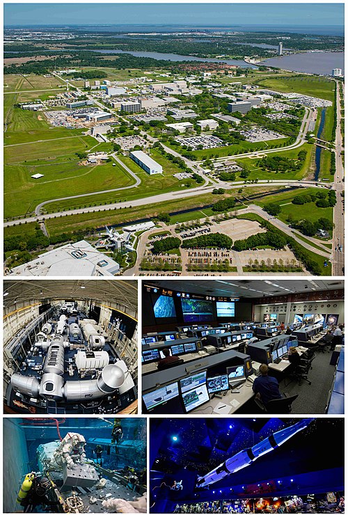 Top to bottom, left to right: Aerial view of JSC with Space Center Houston in the foreground, Space Vehicle Mockup Facility, Christopher C. Kraft Jr. 