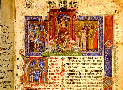 Chronicon Pictum, King Louis I of Hungary, knights, throne, canopy, orb, secpter, Hungarian, Saint Catherine of Alexandria, medieval, chronicle, book, illumination, illustration, history