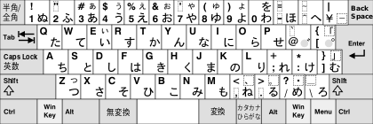 Japanese (OADG 109A) keyboard layout with Hiragana keys. KB Japanese.svg