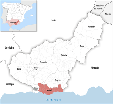 Die Lage des Gerichtsbezirk Motril in der Provinz Granada