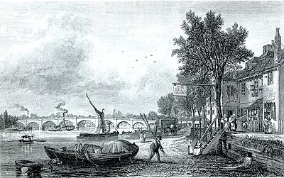 Engraving of Kew Bridge and Strand-on-the-Green by the Bell & Crown Inn, 1832