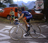 Armstrong riding to victory at L'Alpe d'Huez, during stage 10 of the 2001 Tour de France.