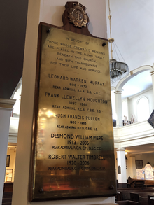 Plaque in St Paul's Church Halifax, showing where Murray's ashes were placed alongside four other admirals