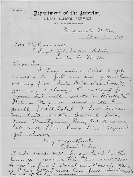 File:Letter to Superintendent requesting sewing machine needles and a check for cords of wood. - NARA - 293192.tif