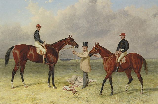 Lord Lyon (left) in 1867 with his racing-lessee Richard Sutton and five-year-old colt and Queen's Vase winner Elland in a painting by Harry Hall.