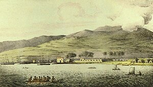 The Kingdom of Hawaii would for decades provide manpower for visiting naval and fur merchants, including the Pacific Fur Company. Louis Choris - 'Vue du port hanarourou'.jpg