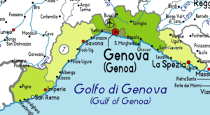 Karte mit der Riviera di Ponente von Genua bis Ventimiglia an der französischen Grenze im westlichen Teil des Golfs von Genua