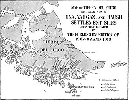 1917 map of Tierra del Fuego showing some Selk'nam, Yahgan, and Haush settlement sites Map of Tierra del Fuego showing Ona, Yahgan, Haush.jpg