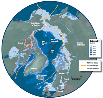   Map of the Arctic region showing the Northeast Passage, the Northern Sea Route within it, and the Northwest Passage.