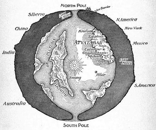 A cross-sectional drawing of the planet Earth showing the "Interior World" of Atvatabar, from William R. Bradshaw's 1892 science-fiction novel The Goddess of Atvatabar Map of the Interior World.png