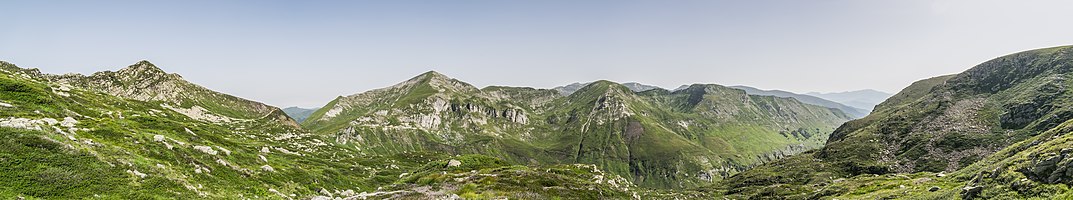 Panoramic view of Massif de Lherz from Port de Bassiès in Parc naturel régional des Pyrénées ariégeoises, commune of Auzat, Ariège, France