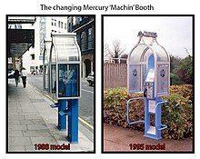 On the left, the Mercury booth as introduced in 1988. On the right, the much modified final version with roof-top signs, tubular walk-under guards and privacy glazing. Mercury - Machin - early and late compared.jpg